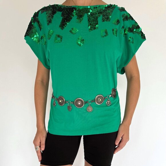 80s vintage green sequin embellished funky cotton short sleeved tee shirt large - Picture 1 of 10
